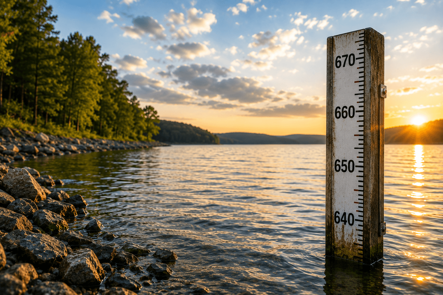 Illustration explaining how reservoir lake levels are reported using elevation datums, full pool, and gauge height.