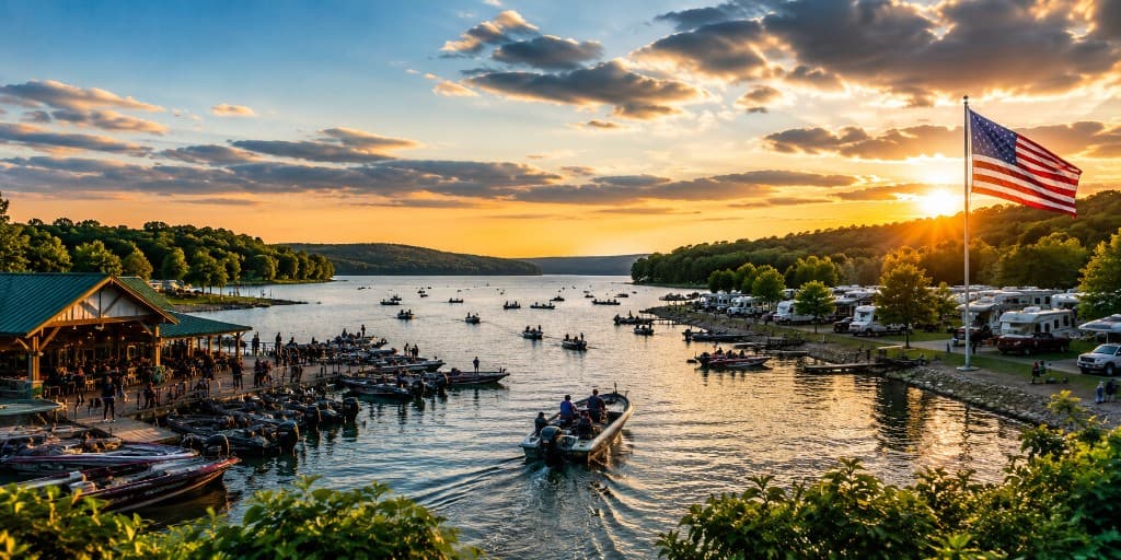 Aerial view of a busy recreational lake at sunset with fishing boats, marina docks, an event pavilion, and a campground along the shore.